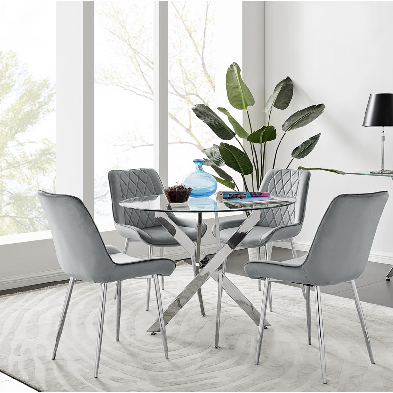 Tierra Modern Metal & Glass Round Dining Table Set with 4 Luxury Velvet Dining Chairs, Grey/Silver