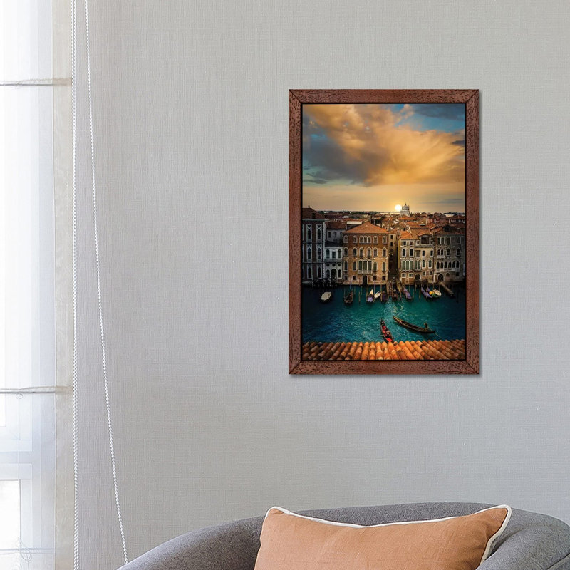 Sunset In Venice by Enzo Romano - Floater Frame Print on Canvas, Brown Framed, 152.5 cm H x 101.5 cm W