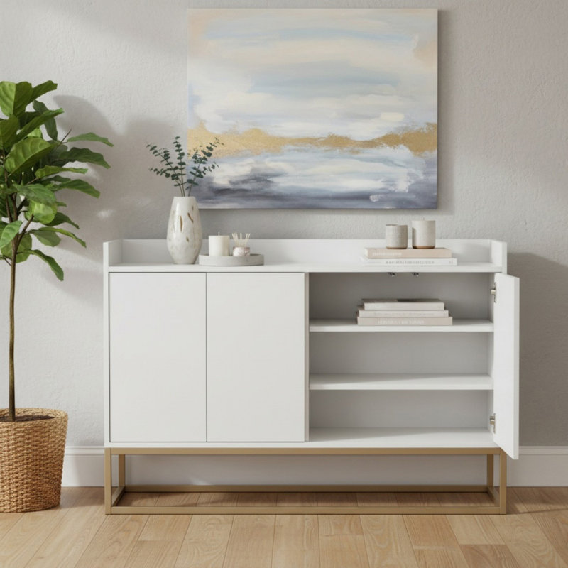 Buffet moderne moderne 47,21 po avec grand espace de rangement pour la salle à manger et le vestibule, Blanc