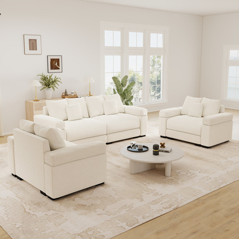 Ensemble de salon modulaire 4 pièces, canapé d'angle moderne en velours côtelé avec causeuse et fauteuil, Blanc