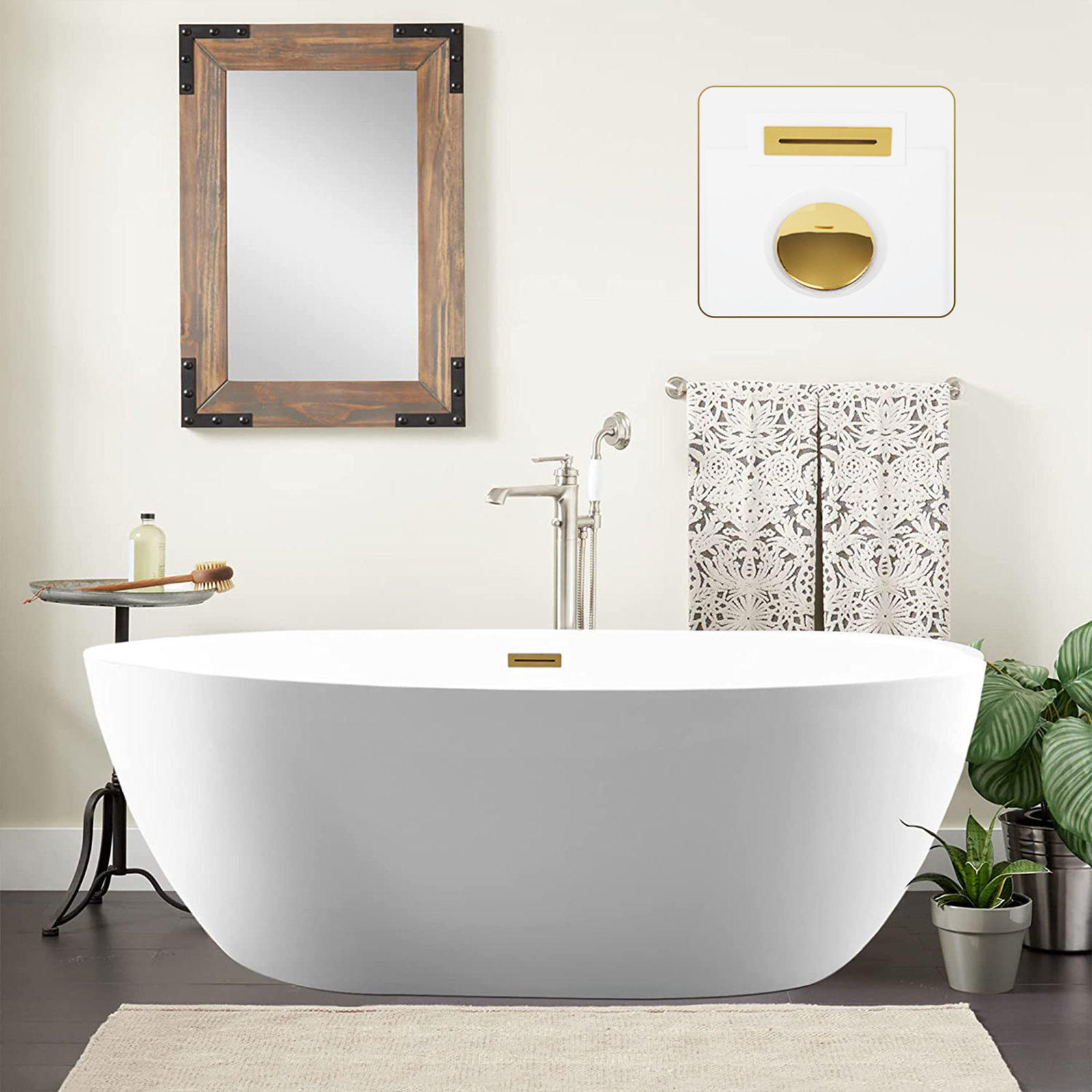Sophia Freestanding Soaking Acrylic Bathtub, White/Titanium Gold, 22.8" H x 31.9" W x 55.1" L