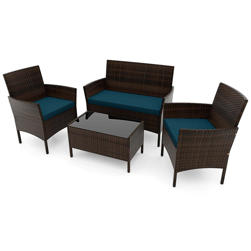 4 Pcs Patio Furniture Set With Washable Cushions And Tempered Glass Coffee Table, Blue