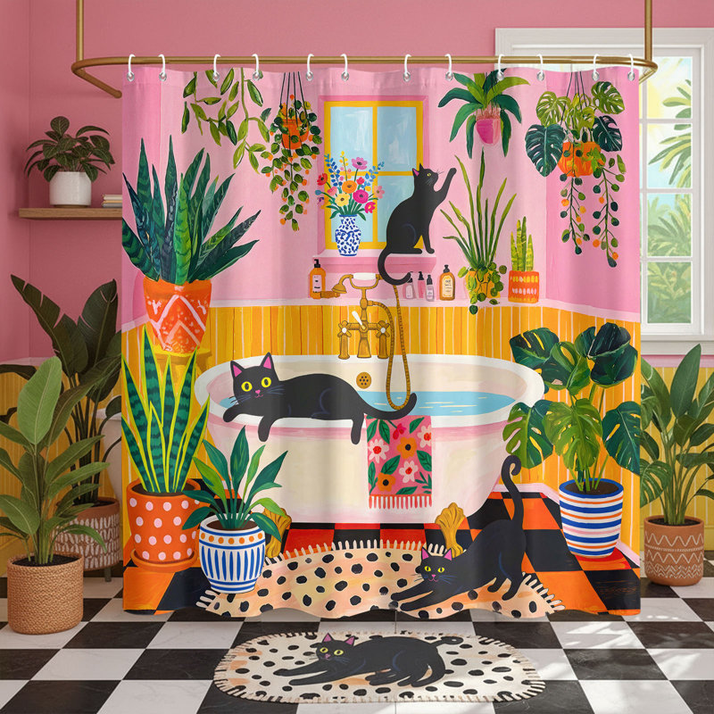 Mignon chat, rideau de douche Dopamine Illustration, plantes tropicales amusantes, chaton noir, décor de salle de bain coloré, rose 72 x 72 po