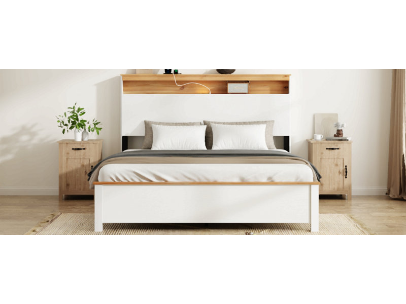 Très grand lit avec base de recharge en bois: cette base de lit rustique avec tête de lit et station de charge intégrée est facile à installer et à utiliser