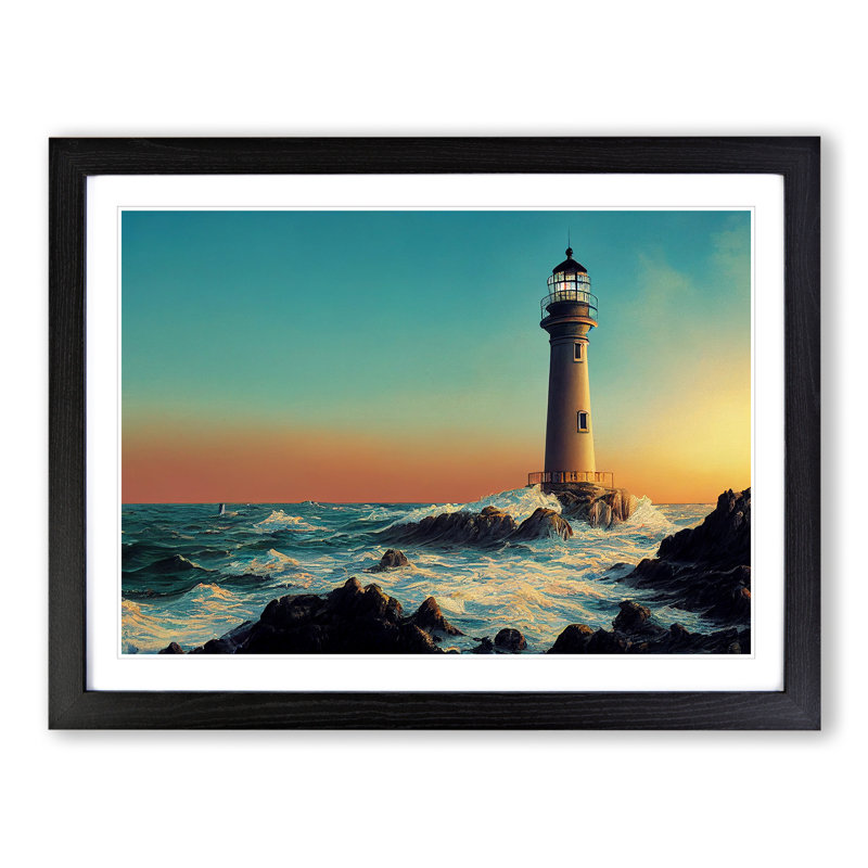 XH1022-8598X Sunrise And Lighthouse - Single Picture Frame Print, Black, 46cm H x 64cm W