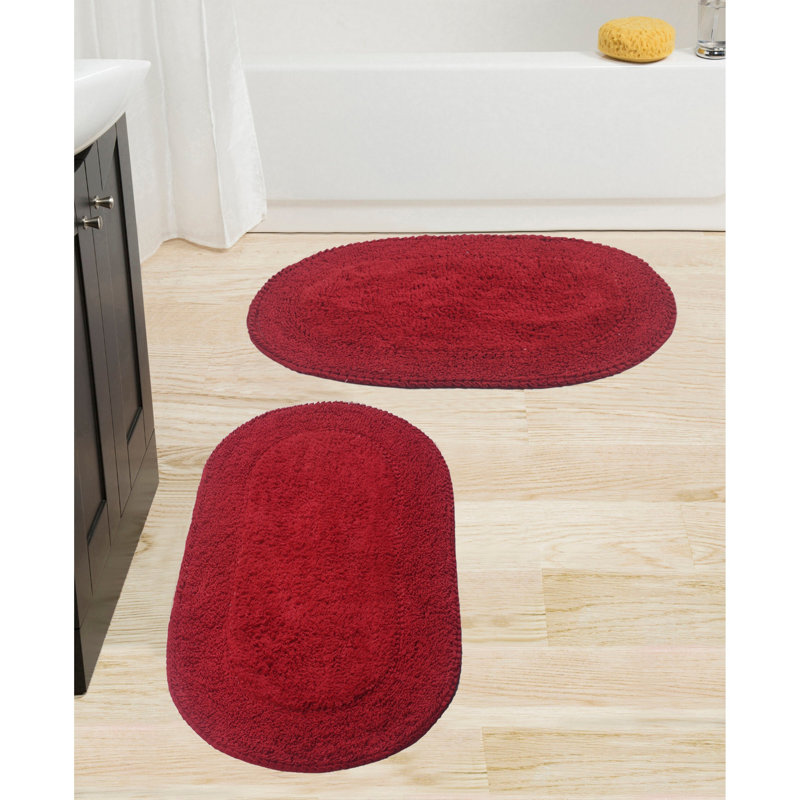 Xie Double Ruffle Oval 100% Cotton piece Bath Rug Set, Red