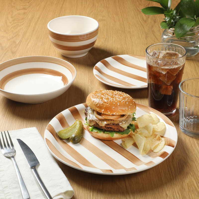 Gibson Home Kenwood Shores 16 Piece Stoneware Dinnerware Set, Hand-Painted Plates and Bowls, Service for 4 - Brown Striped