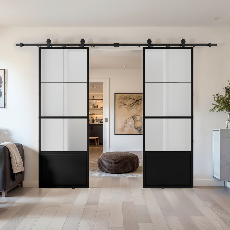 Portes de grange doubles en métal et en verre avec quincaillerie (fermeture en douceur incluse), 84 po x 84 po, Givré