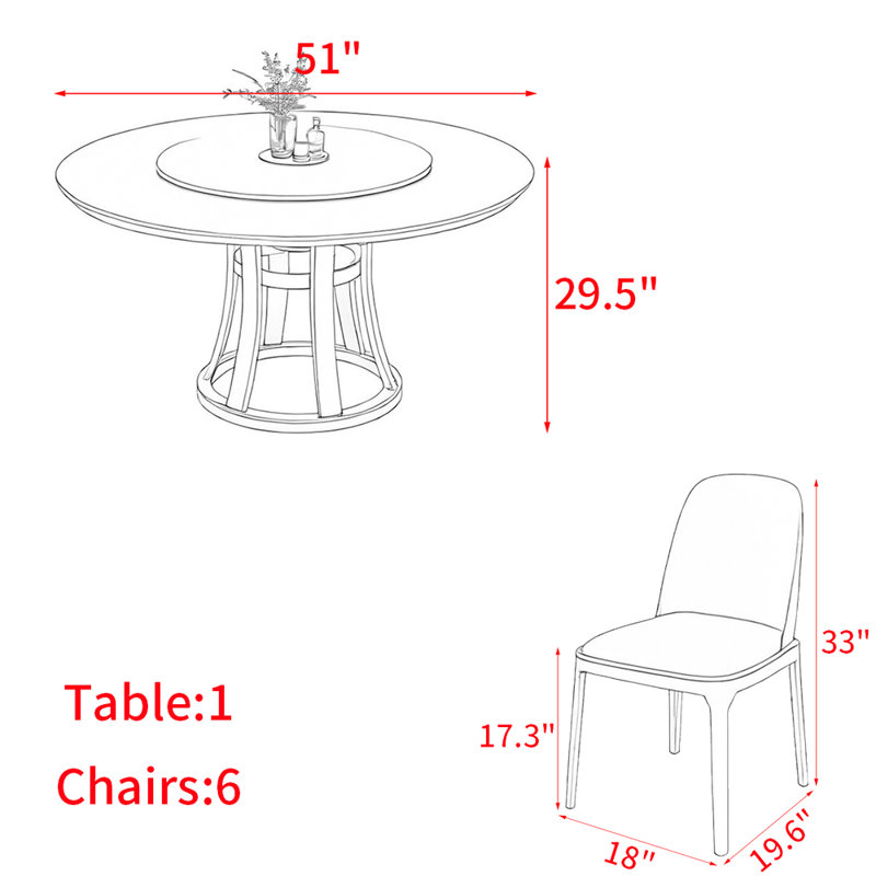 Ensemble de table de salle à manger en bois massif de style chinois, H 29,5 po x L 51 po x l 51 po, 7