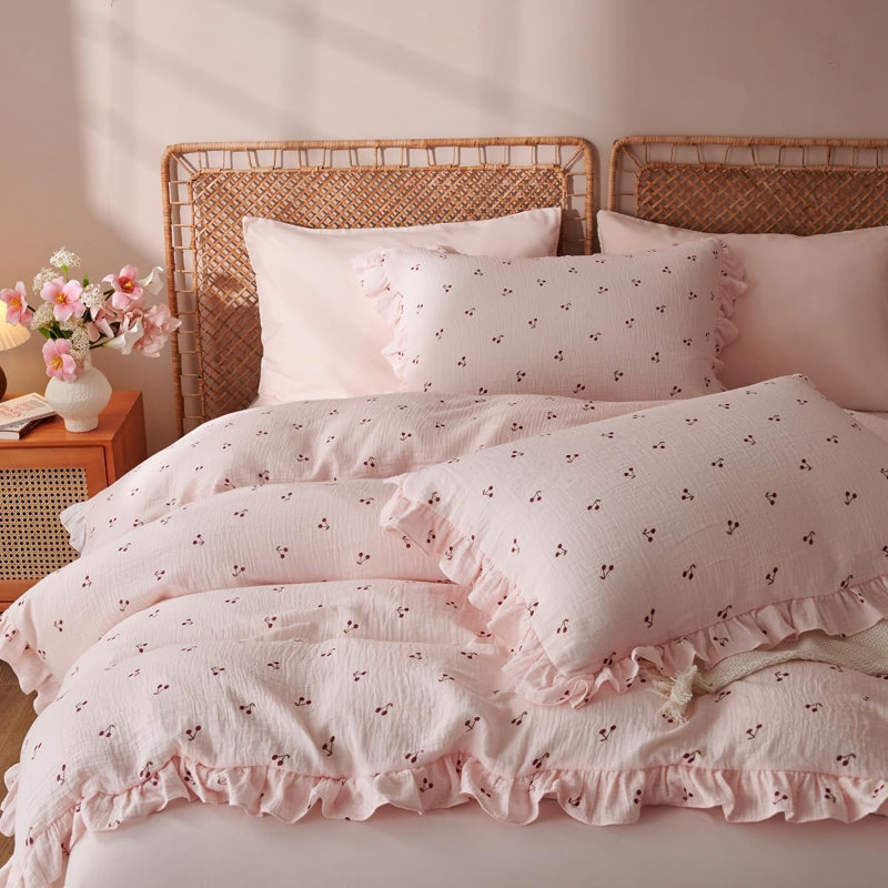 Housse de couette en lin Musselin, Housse de couette grand et 2 taies d'oreiller stan, Rose