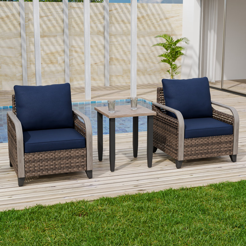  Ensemble de conversation d'extérieur avec repose-pieds en osier brun et grain de bois, Bleu, Non