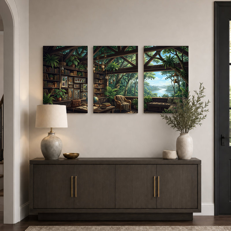 Ensemble de 3 toiles en bois avec lanternes suspendues et livres, H 24 po x l 16 po x 3 pièces