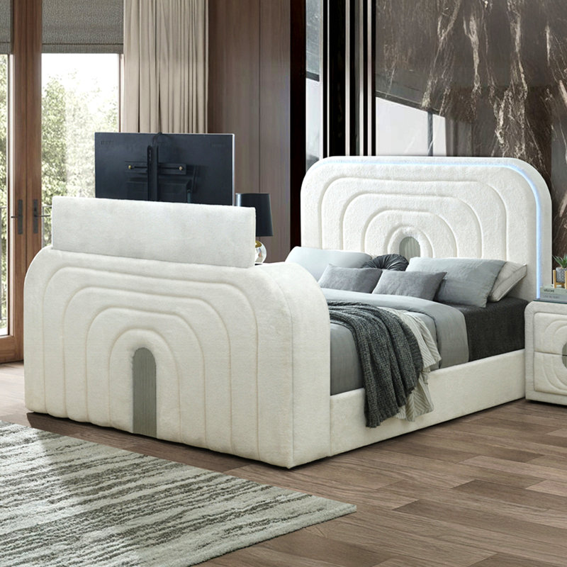 Shelyn White Teddy Sherpa & Chrome Ek Bed W/Led, Tv Cabinet, Fireplace & Bluetooth, Queen