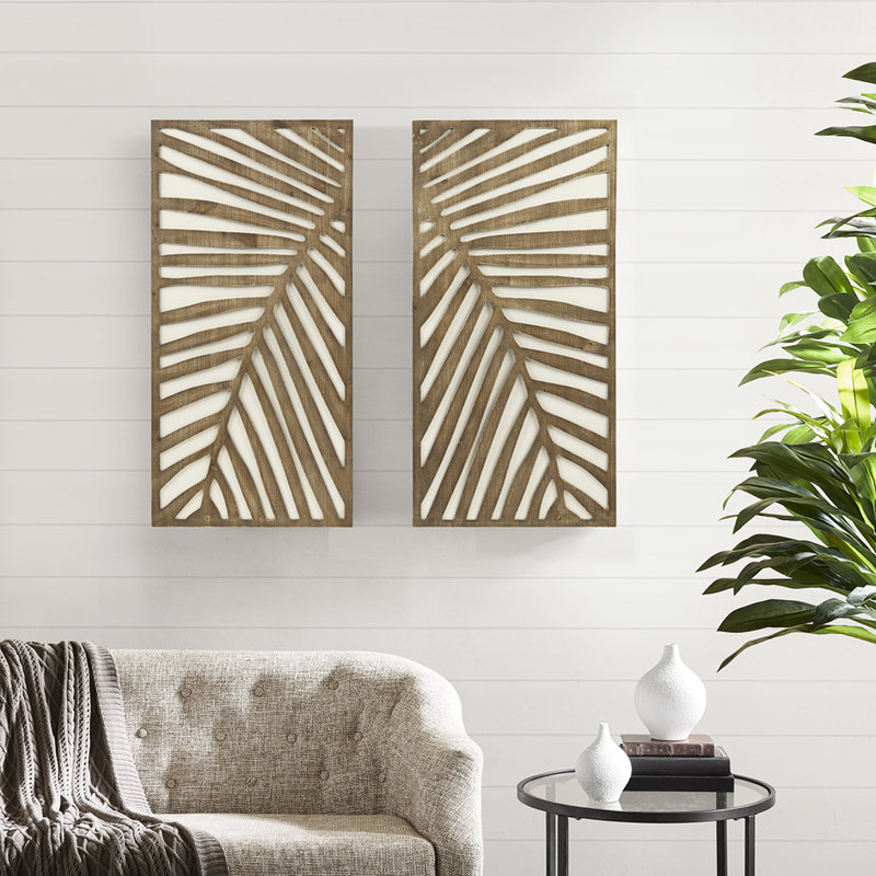 Panneaux muraux intérieurs à deux tons avec élément de décoration de feuille dimensionnel 2 en bois naturel 