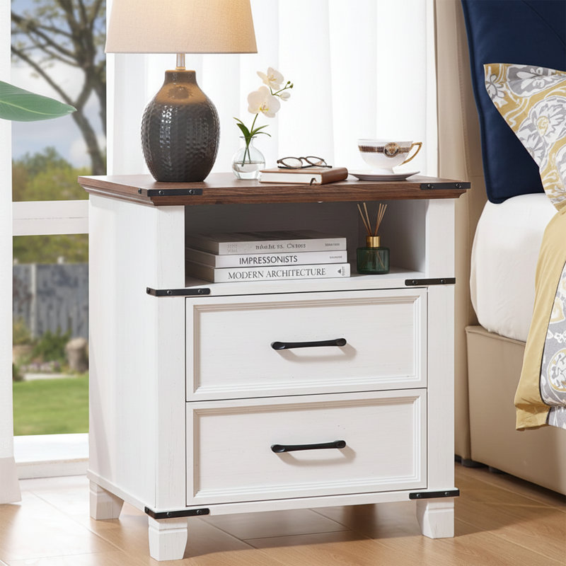 Table de chevet 22 po avec 2 tiroirs et tablette de rangement ouverte de 23 po de hauteur, Blanc / Brun