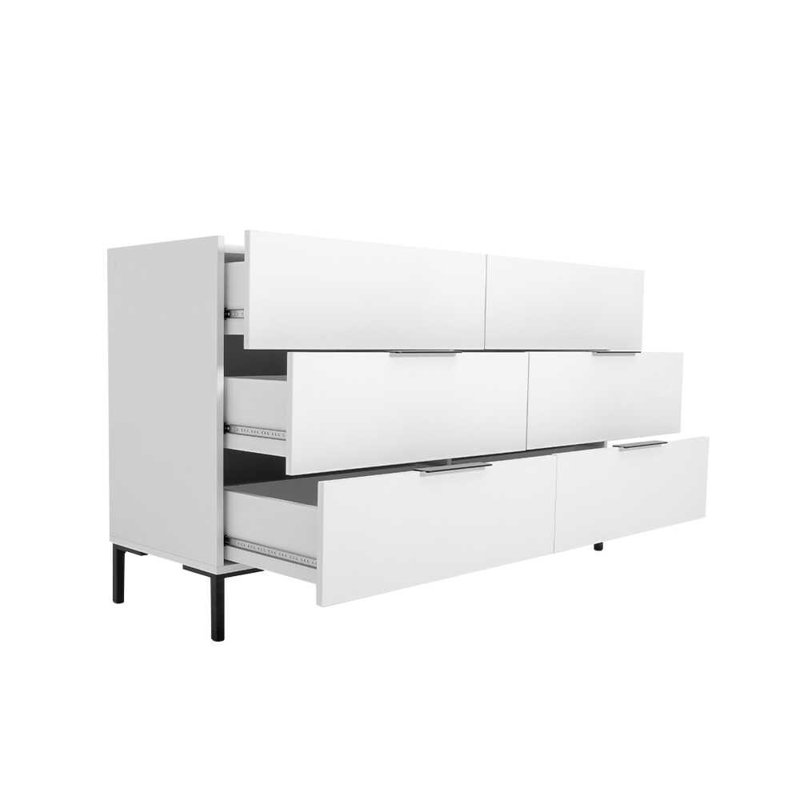 Commode moderne scandinave à 6 tiroirs, blanche, 55,1 x 31,9 x 17,3 pouces | Panneau de particules 100% enduit de mélamine | Conception à fixation murale | Solution de rangement élégante et fonctionnelle pour les maisons contemporaines
