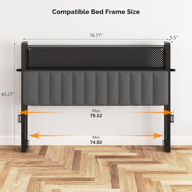 Tête de lit très grand, tête de lit tapissier réglable avec tablettes à 2 niveaux et panneau perforé avec stations de charge et lumières DEL, tête de lit moderne avec rangement en lin et gris foncé