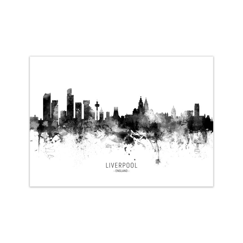 Liverpool England Skyline Black White City Name by Michael Tompsett - Print, 42cm H x 59cm W x 1cm D, Unframed