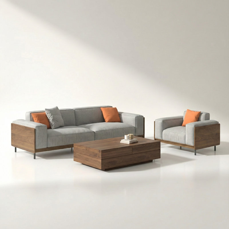 Ensemble de canapé 3 pièces en tissu gris avec table basse