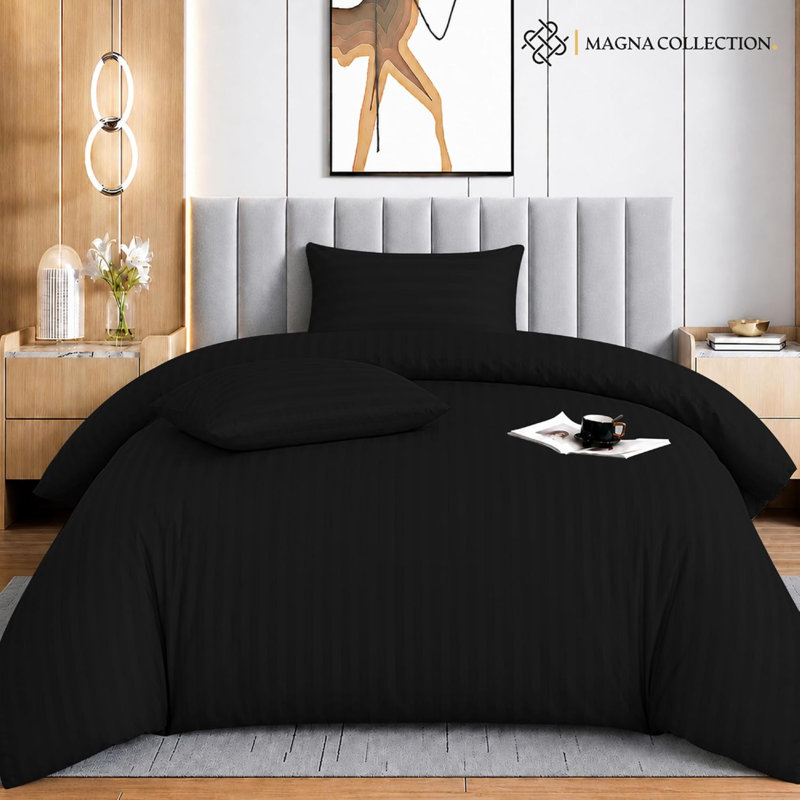 Microfibre Striped Duvet Cover Set, Black, King