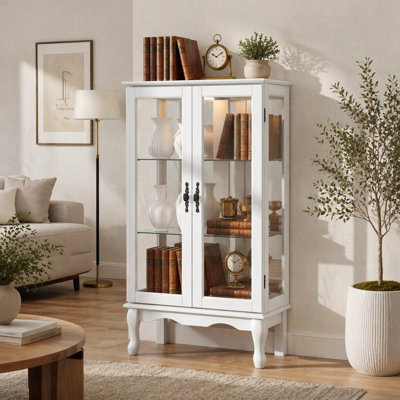 Armoire de rangement à 3 niveaux avec tablettes réglables, panneau arrière en miroir et portes en verre trempé (ampoule E26 non incluse)