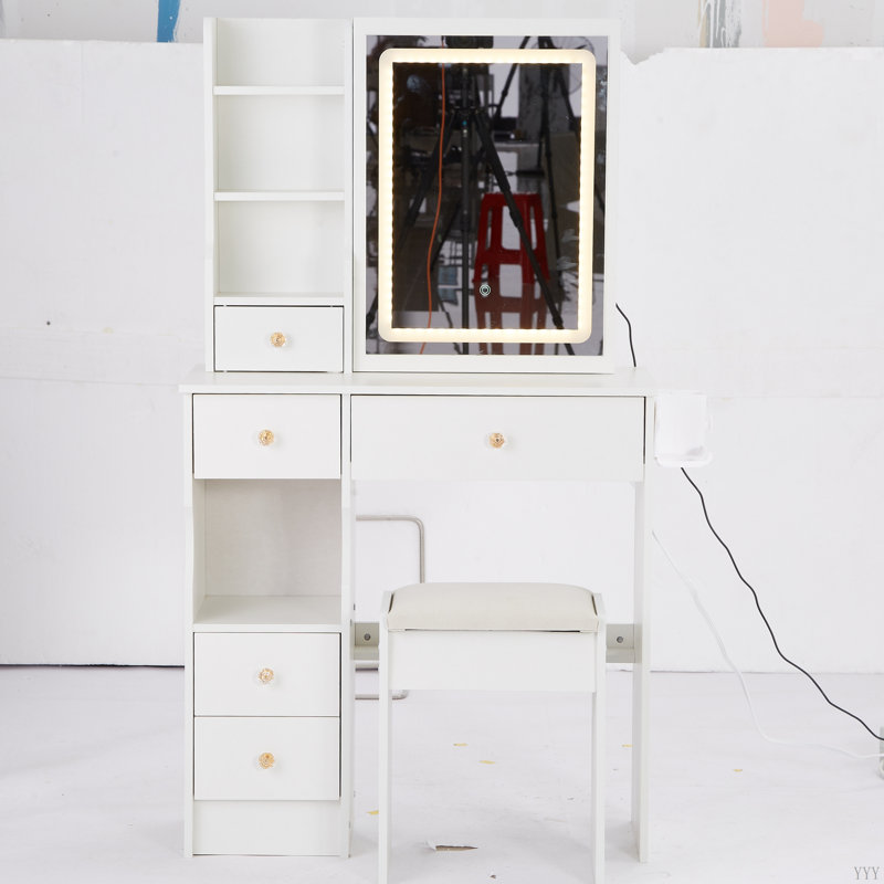 29.2" Small Size Left Drawer Desktop Vanity Table + Cushioned Stool, Large Sliding, Touch Control, Tri-Color Switching, Brightness Adjust LED Mirror, High Capacity Storage, Suitable For Small Space
