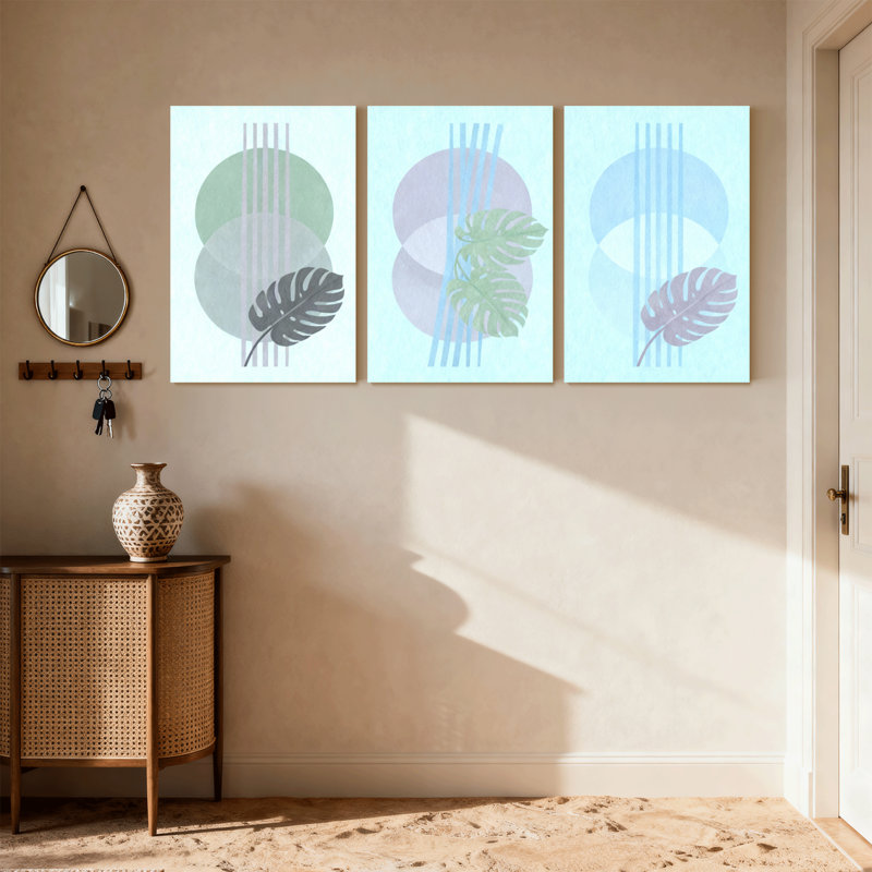 Boho abstrait contemporain, feuilles, cercles, lignes, conception minimaliste, ensemble de 3 reproductions d'art sur toile