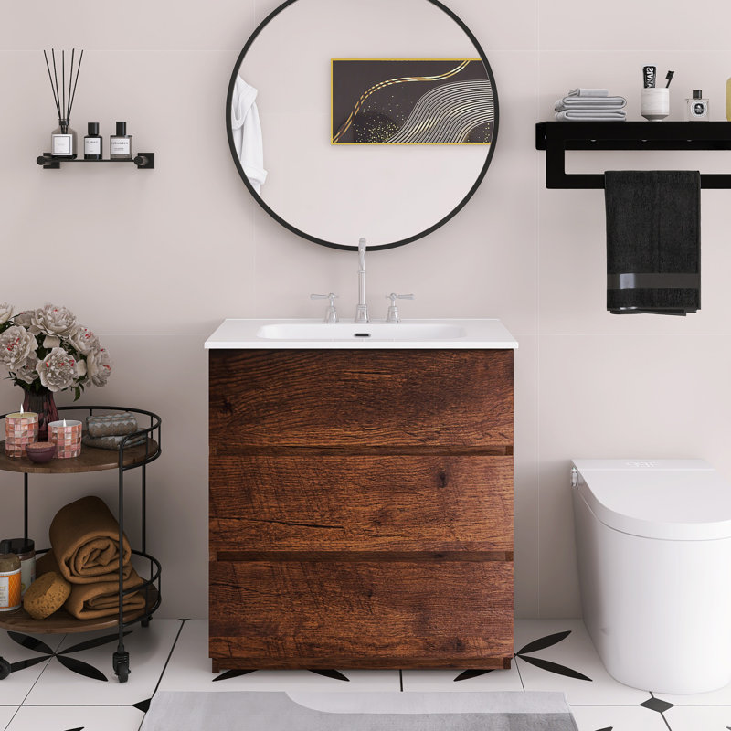 Meuble-lavabo sur pied 30 po avec lavabo en céramique, Noyer