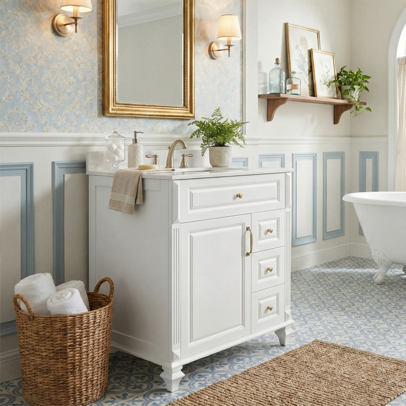 Ensemble de meuble-lavabo autoportant 24 po, armoire en bois d'hévéa et panneau de fibres à densité moyenne avec plateau en céramique, 4 tiroirs (blanc)