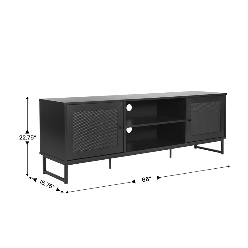 Meuble télé 65 po avec portes de rangement décoratives en rotin, Noir