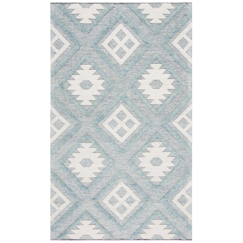 Vermont Hand Loomed Wool/Cotton Southwestern Rug in Blue/Ivory, Rectangle 3' x 5'