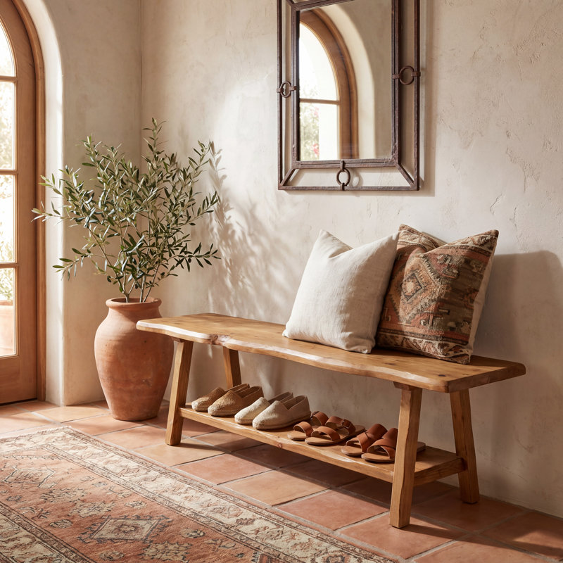 Upholstered Bench with Shelves