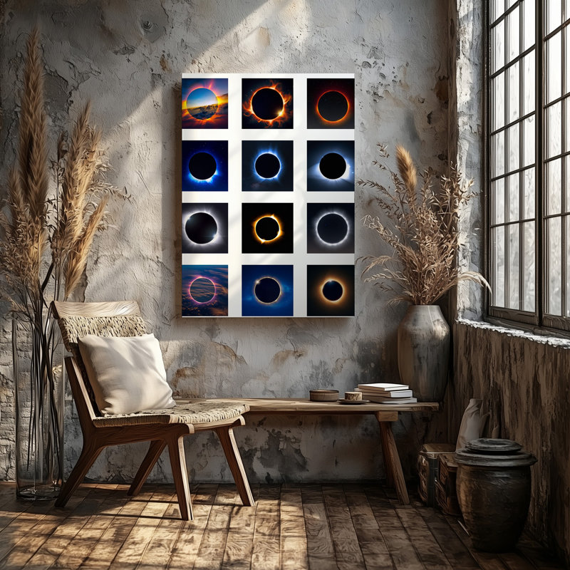 Toile d'une composition visuellement saisissante avec une grille de neuf éclipses d'art mural, chacune présentant des Phenomena célestes uniques