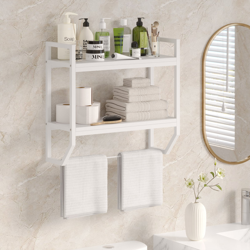 Over Toilet Shelf Organizer with Adhesive Base,Wooden 2-Tier Over Toilet Bathroom Organizer, White