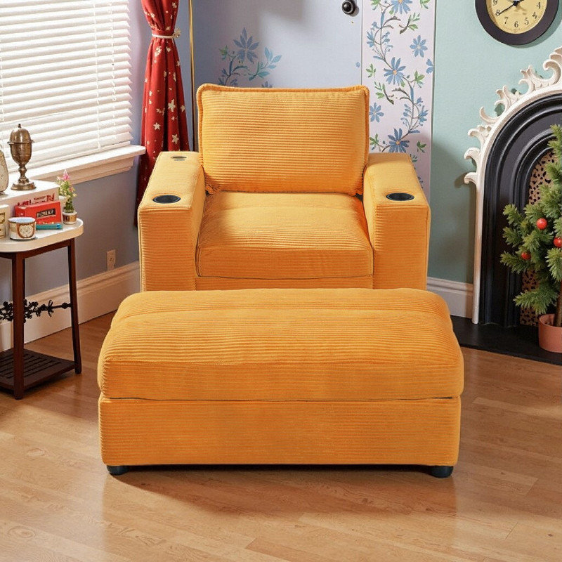 Chaise longue de 42,8 po avec repose-pieds avec rangement, canapé-lit tapissier avec port de charge USB intégré et porte-gobelets doubles