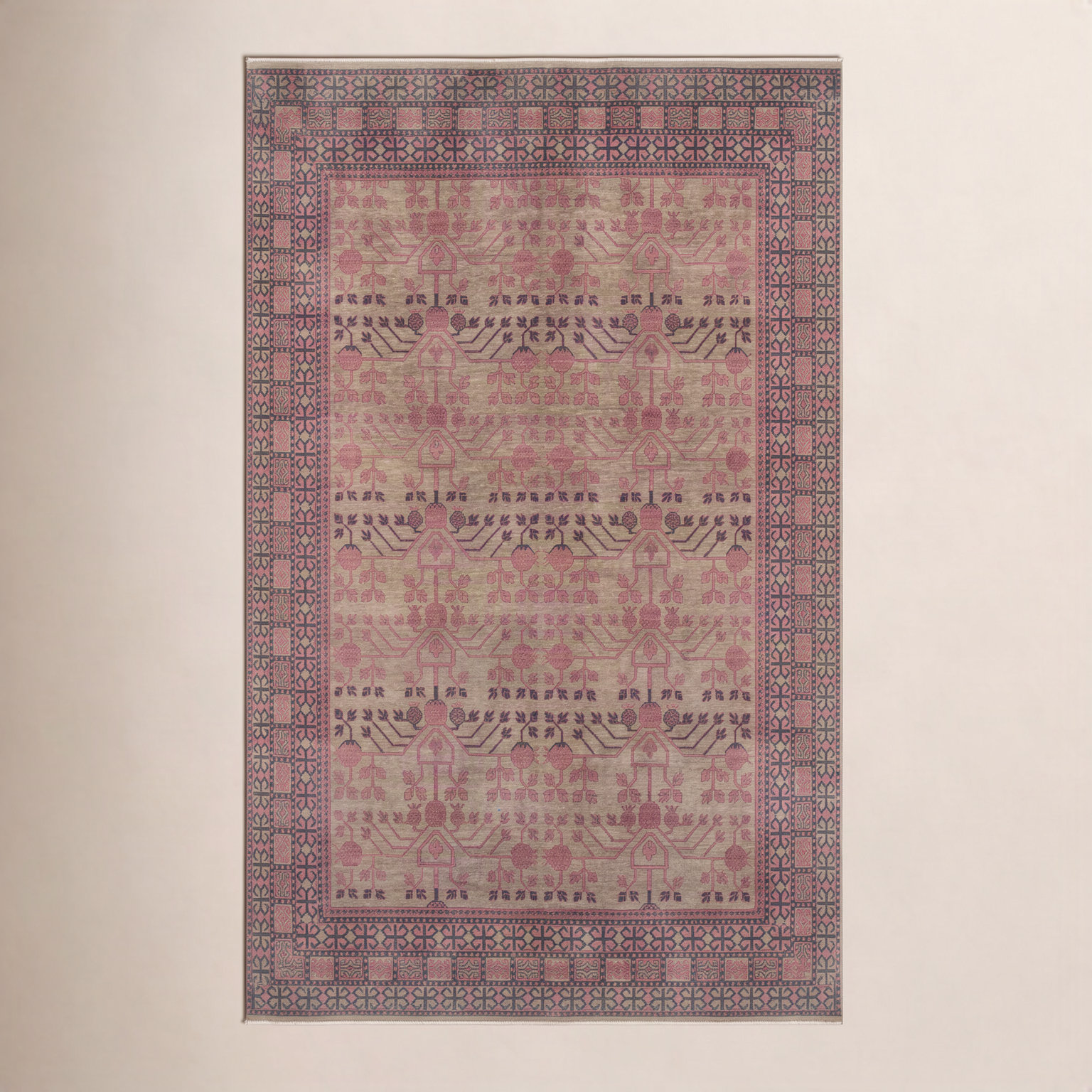 Leonardo Pink Brown Hand-Knotted Wool Oriental Rug, Rectangle 5'6" x 8'6"