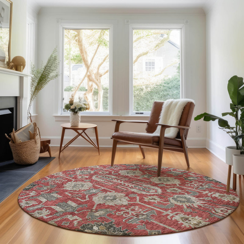 Premium Machine Washable Prisco Red Rug, Round 8'
