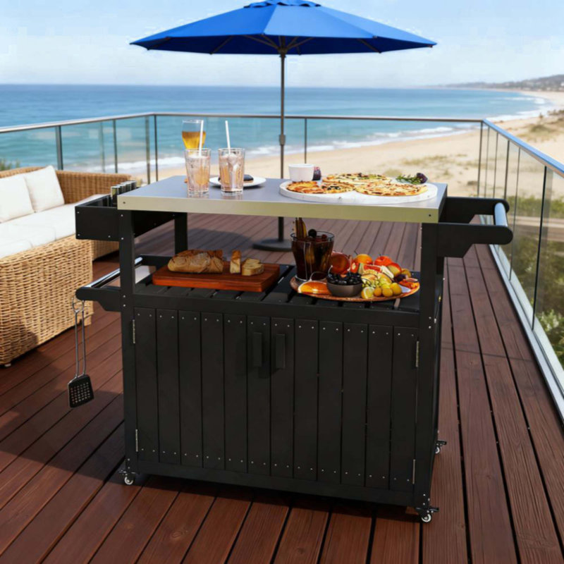 Outdoor Bar Table Top,Outdoor Bar Cart With Storage,Wheeled Kitchen Island For Food Prep, Black