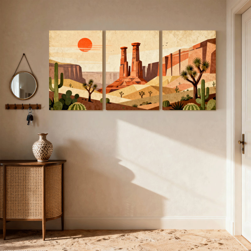 «Landscape & Nature Desert Landscape with Cacti and Rock Formations», ensemble de 3 impressions d'art sur toile