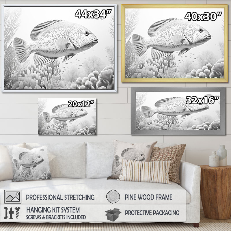 Monochromes de poissons gris et blancs sur toile, Cadre doré à coins fermés, H 34 po x l 44 po x P 1,5 po