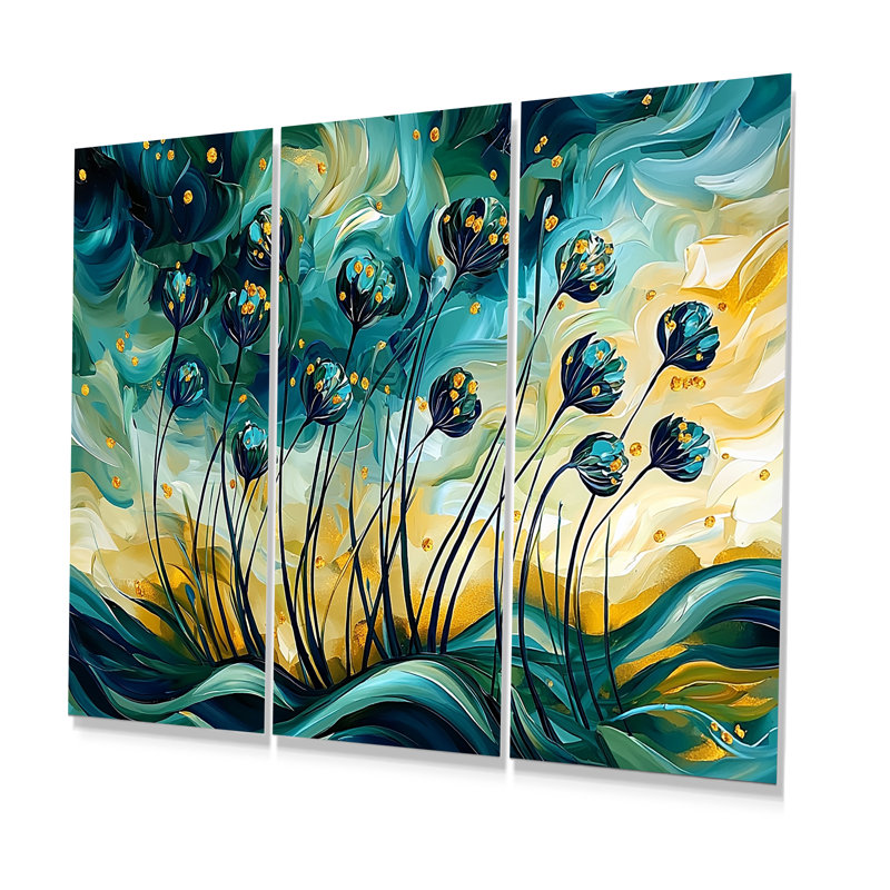 Ensemble de décorations murales Herbes vertes et jaunes Chive Symphony II - Herbes florales, Toile avec cadre flottant noir