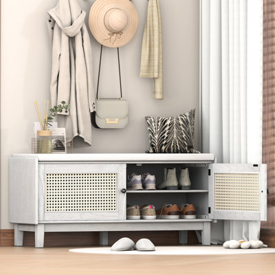 Banc de hall d'entrée avec coussin, rangement pour et encombrement, banc d'inspiration bohémienne à finition grise réglable à 3 niveaux, conception à double porte, 4 sections, poids de 200 lb, beige