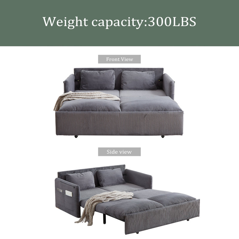 64.5 Inch Sleeper Sofa Bed 3-In-1 Adjustable Sleeper With Pullout Bed 2 Pillows And Side Pockets Soft Corduroy Convertible Sleeper Sofa Bed For Living Room Bedroom Apartment Office
