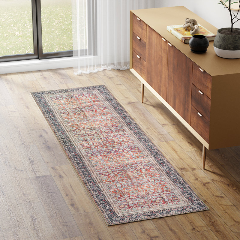 adamstown Emporia Fardad Machine Washable Traditional Border Indoor Area Rug, Brown Rust Cream Non-Slip Chenille – Living Room & Bedroom