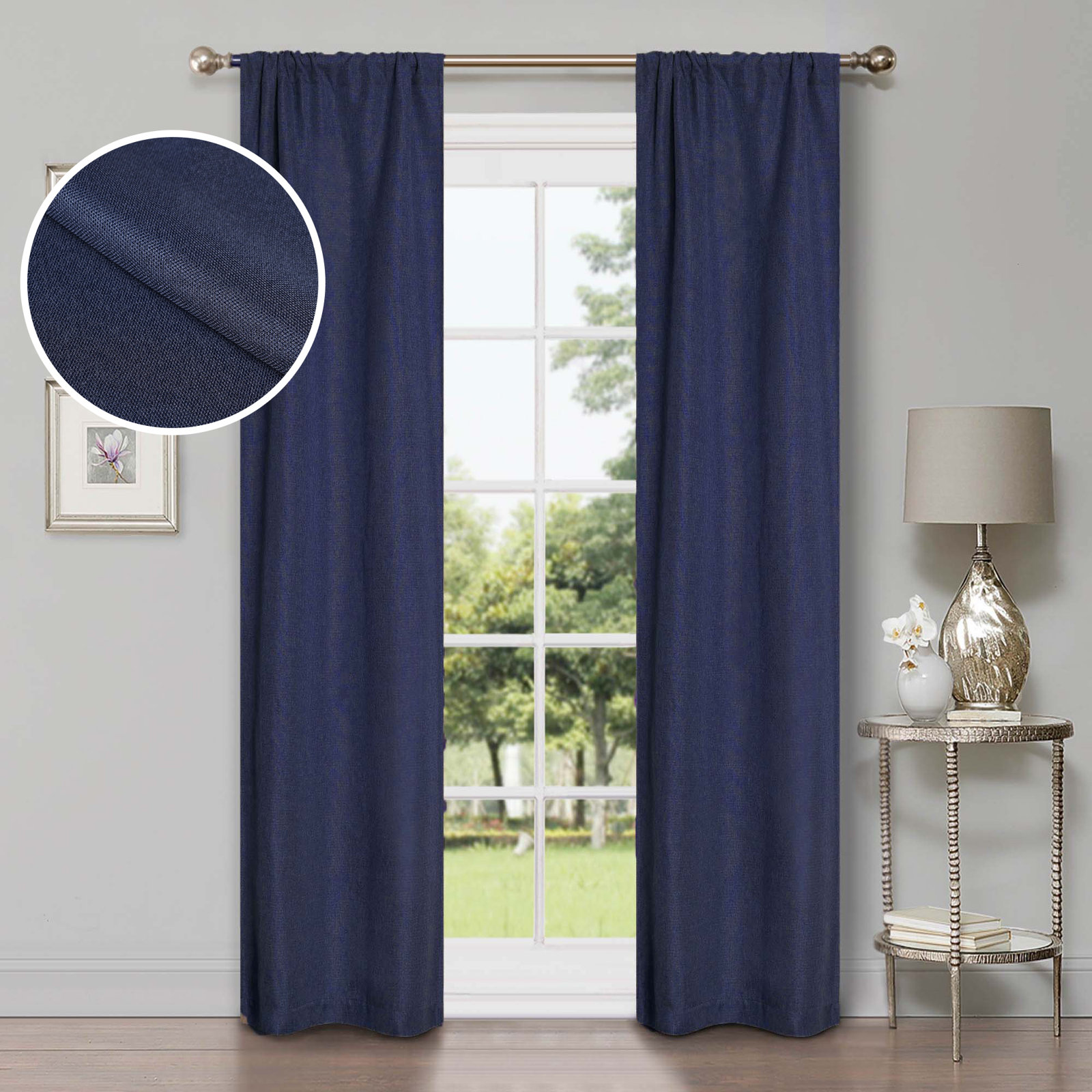 Linen Inspired Room Darkening Curtain Panel, Navy Blue, Rod Pocket  26" W x 84" L