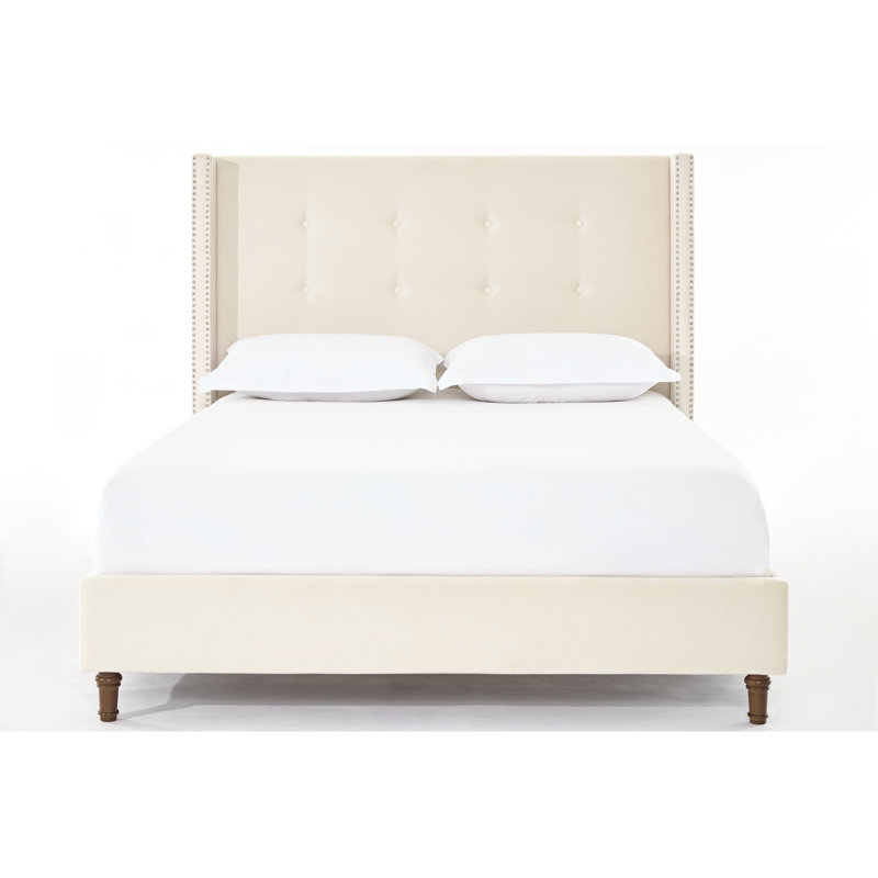 King Bed Frame With 54" High Velvet Upholstered Headboard, Hand Buttoned Tufting, Nailhead Trim Wingback, Metal Frame, No Box Spring, Simple Bedroom Assembly For And Radiance Traditional Tall Nail -