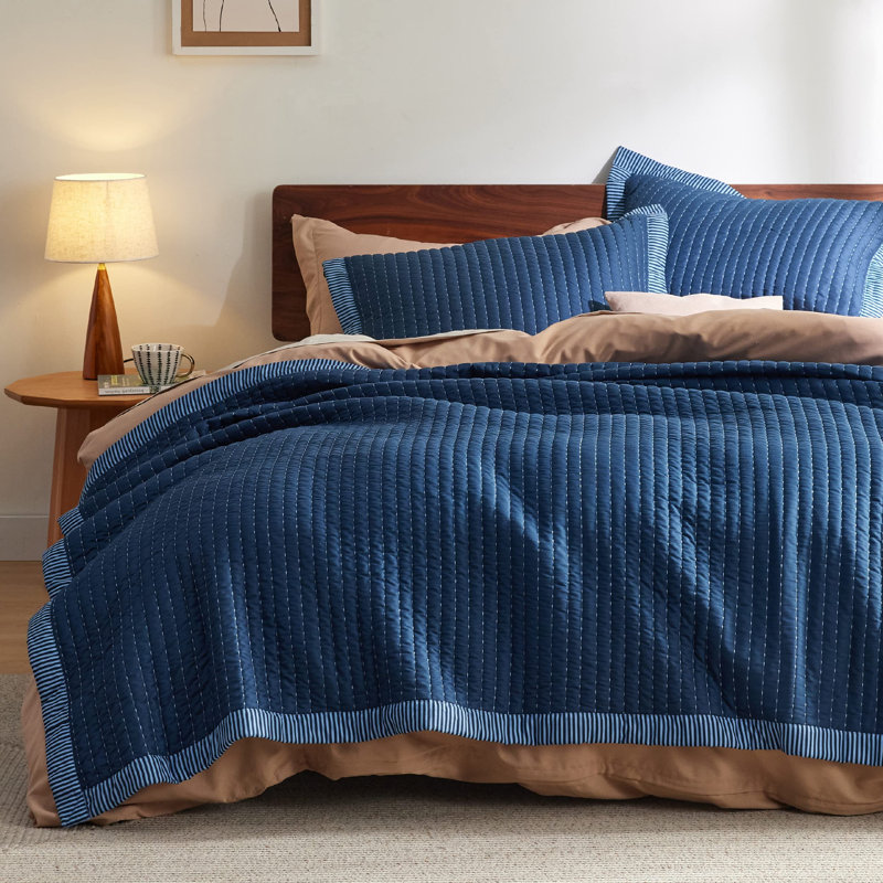 Bedspread Coverlet Lightweight Soft Quilt Bedding Set, King Quilt + 2 King Pillow Sham, Navy Corduroy