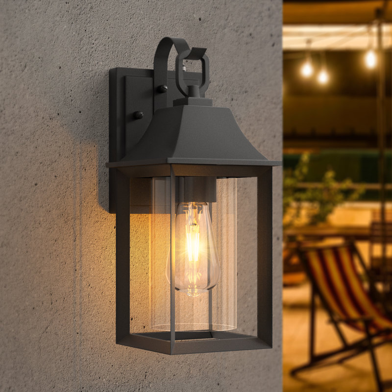 Mozingo 1 - Light 13.78''H Black Iron ETL Outdoor Wall Lantern with Dusk to Dawn, 14" H x 6" W x 7" D, Matte Black