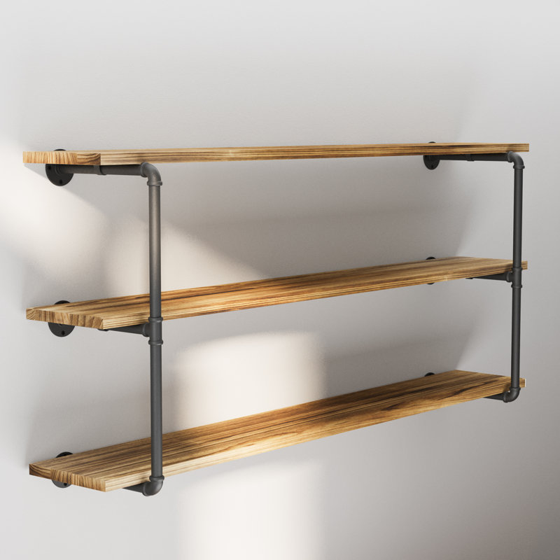 60" Pipe Shelves, Wood Shelving Unit, Wall Shelves for Books, Long Wall Shelf, Burnt, 3-Tier, 3pcs Solid Wood Boards Included
