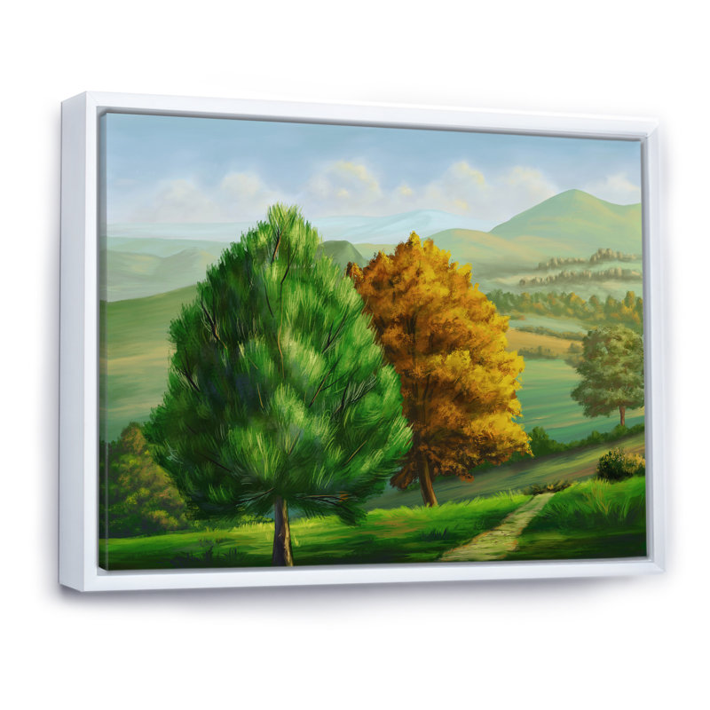 Arbre vert et orange dans les champs - Peinture sur toile, Cadre flottant blanc, H 34 po x l 44 po x P 1,5 po